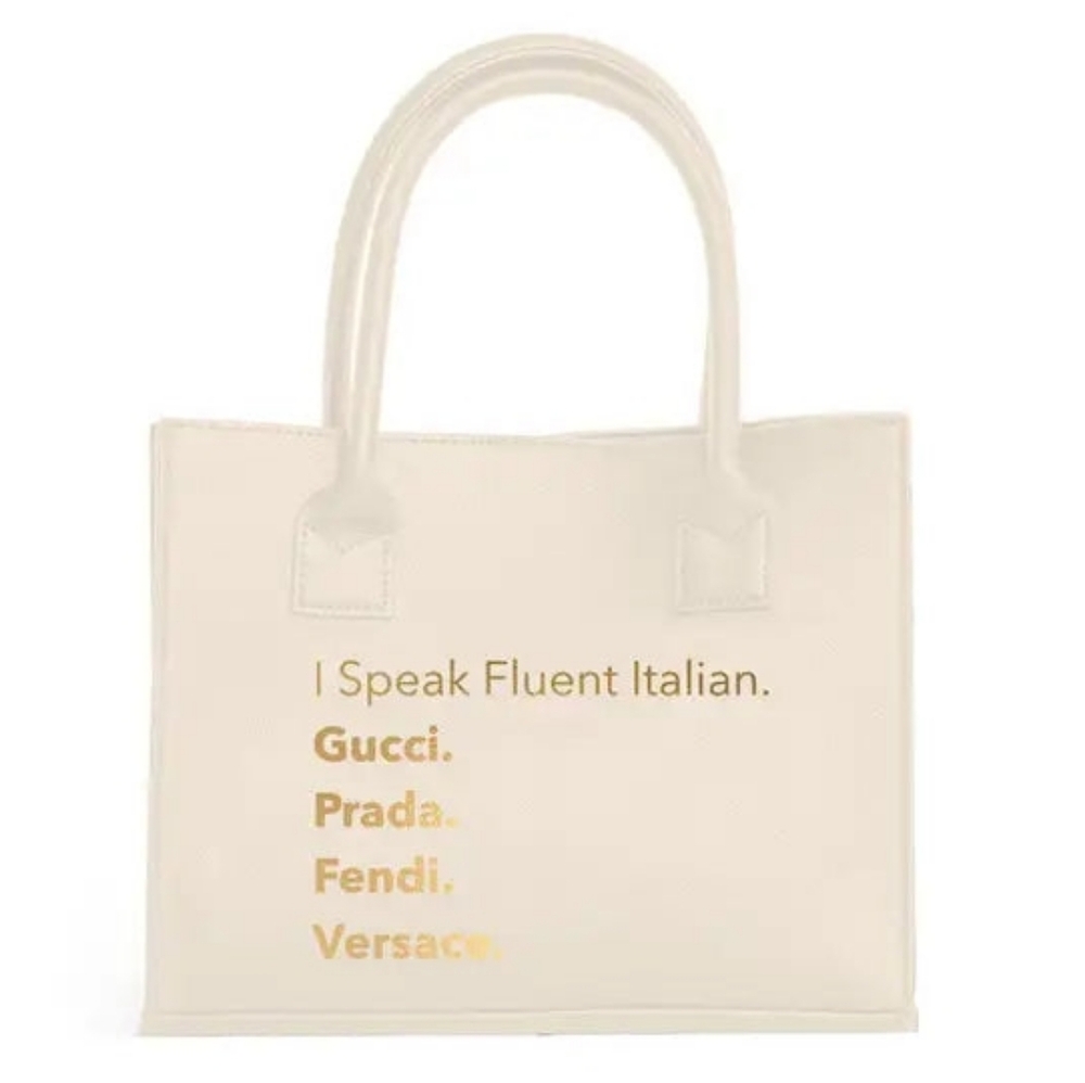 Ivory Statement Tote Bag with Gold Text